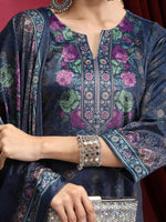 Thumbnail for Vishudh Navy Blue Floral Printed Mandarin Collar Straight Kurta & Palazzos With Dupatta