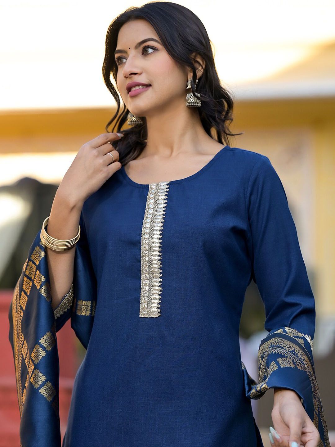 Vishudh Teal & Gold Toned Round Neck Regular Kurta with Palazzos & With Dupatta - Distacart