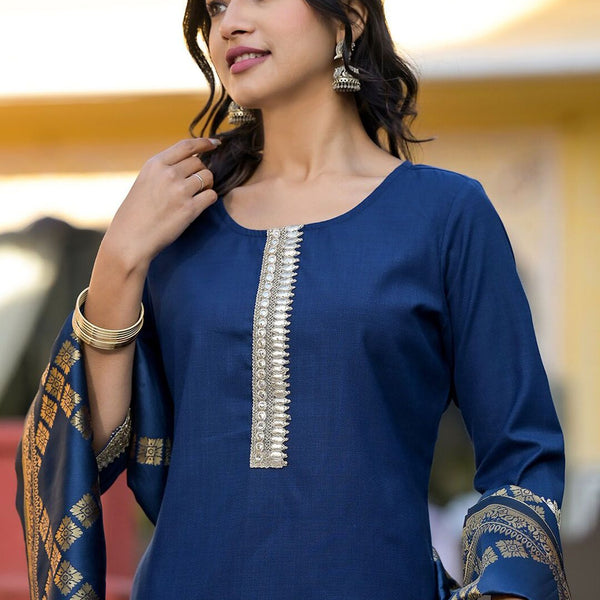 Vishudh Teal & Gold Toned Round Neck Regular Kurta with Palazzos & With Dupatta - Distacart