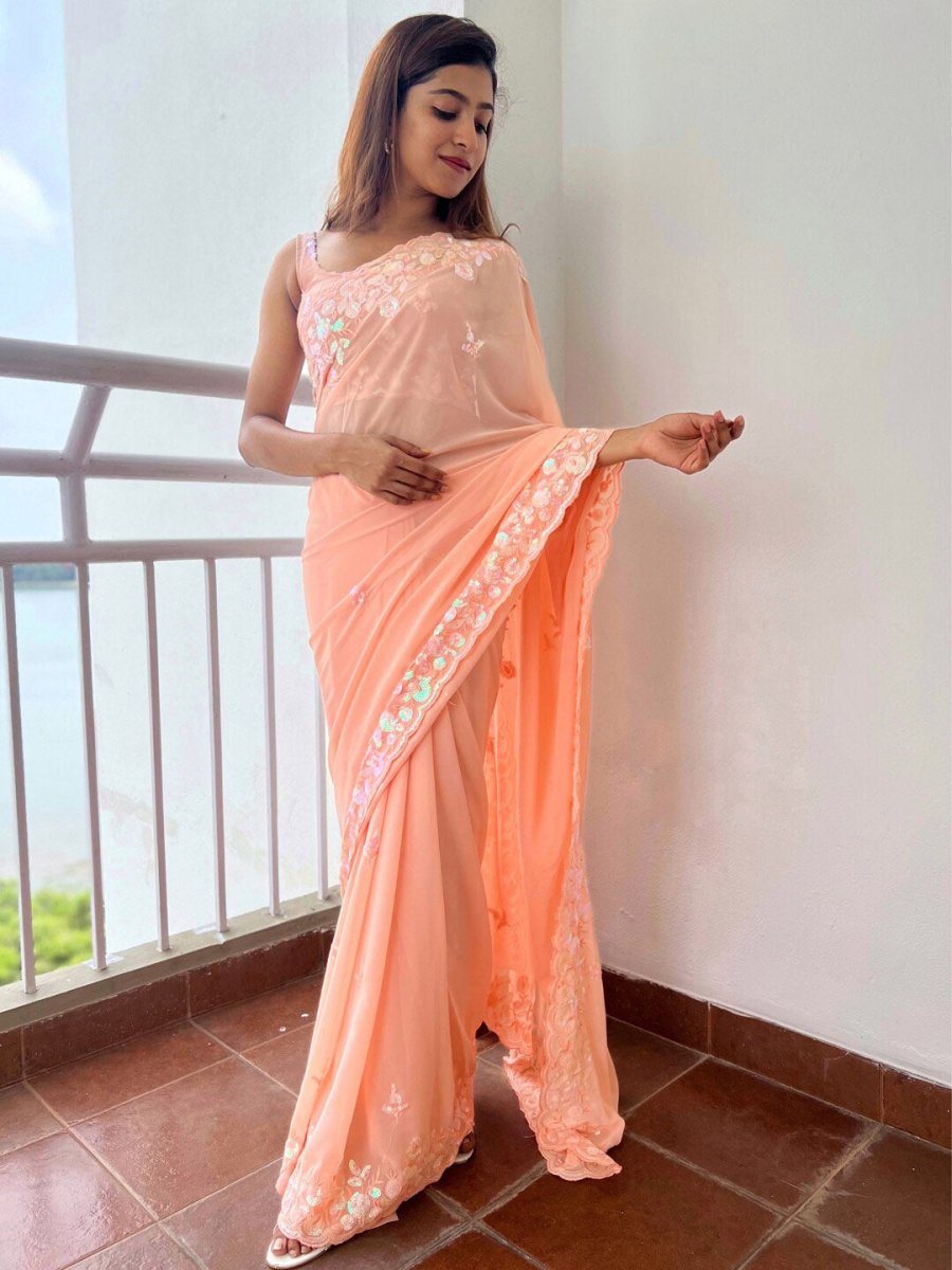 Anouk Floral Embellished Sequinned Pure Georgette Saree - Distacart