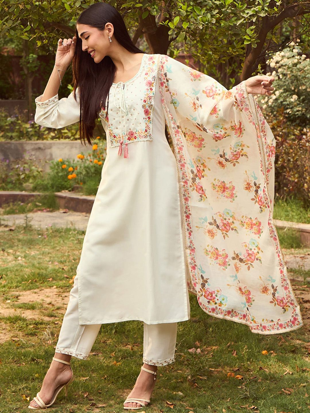 Indo Era White Floral Yoke Design Tie-Up Neck Straight Kurta With Trousers & Dupatta