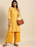 Thumbnail for All About You Women Yellow Floral Printed Pure Cotton Kurta with Palazzos - Distacart