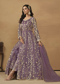 Thumbnail for Pant Style Purple Embroidered Net Wedding Anarkali Suit - Emponline - Distacart