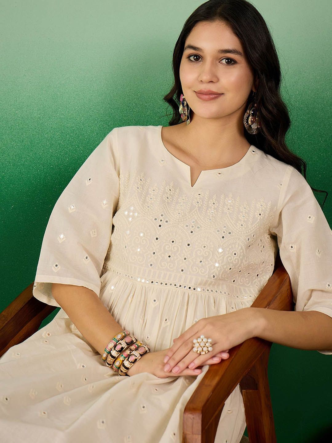 Sangria Off White Floral Embroidered Mirror Work Pure Cotton Anarkali Kurta Set - Distacart