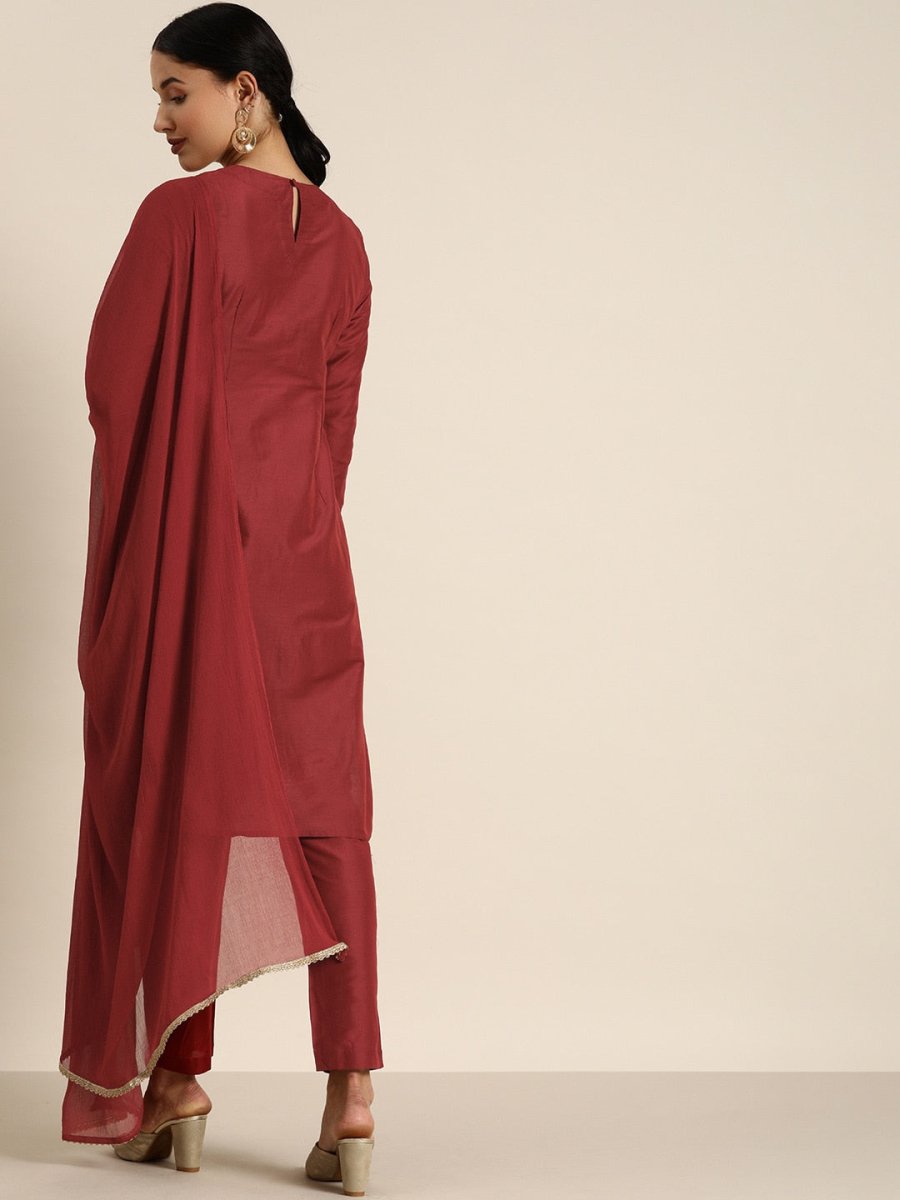 All About You Women Maroon & Golden Satin Finish Kurta with Trousers & With Dupatta - Distacart