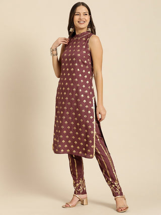 All About You Women Brown Ethnic Motifs Printed Pure Cotton Kurta with Trousers - Distacart