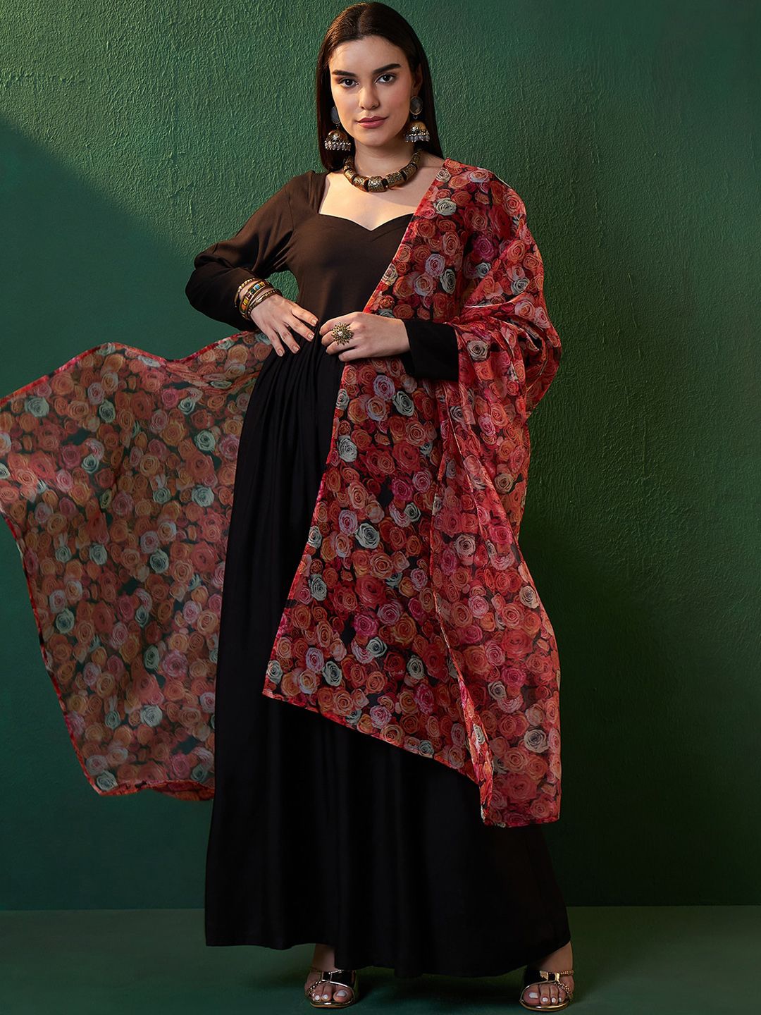 Sangria Black Sweetheart Neck Anarkali Kurta With Dupatta - Distacart