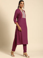 Thumbnail for All About You Women Purple Ethnic Motifs Yoke Design Regular Thread Work Kurta with Trousers - Distacart
