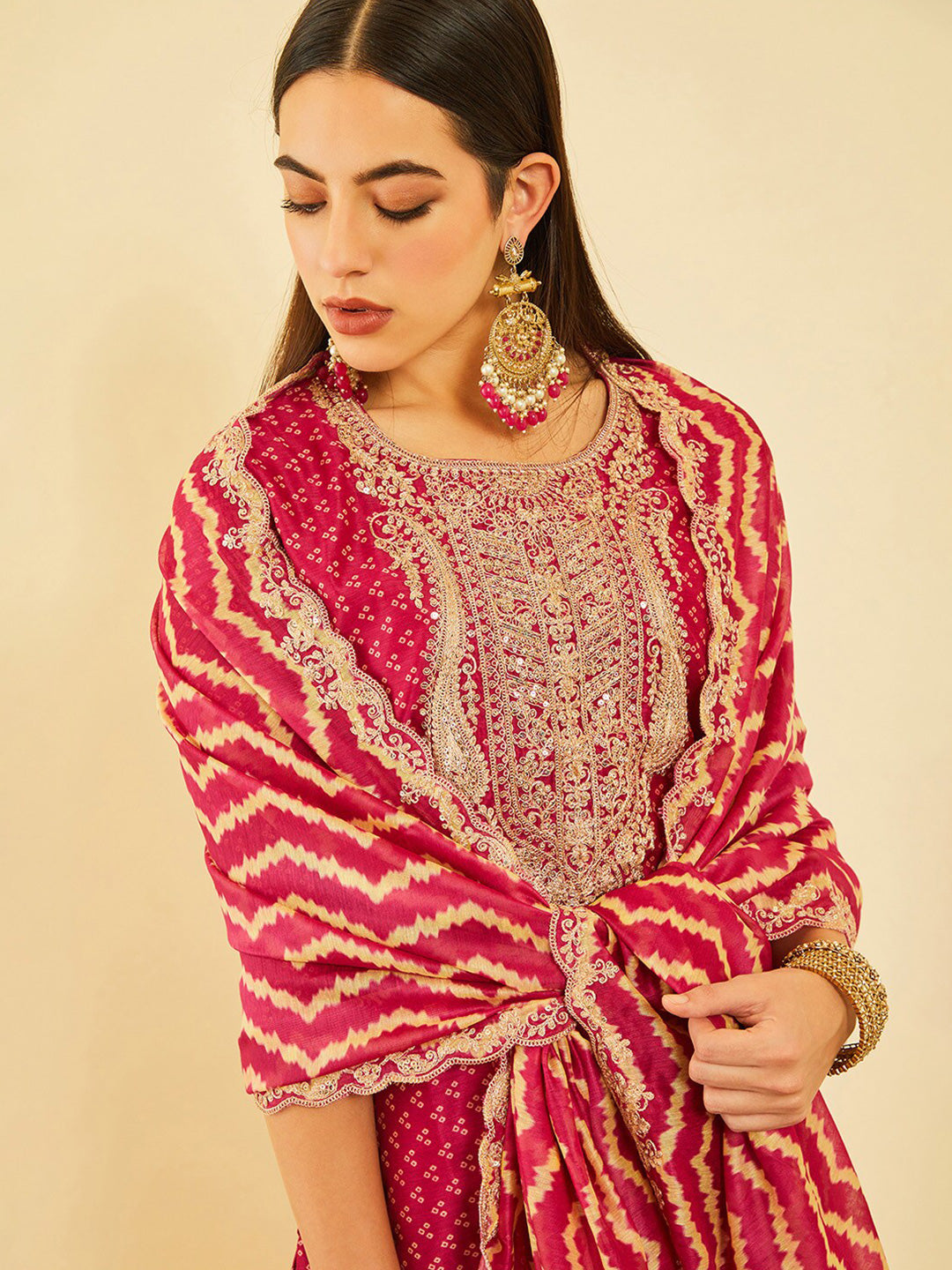 Soch Bandhani Printed Sequinned Chanderi Silk Kurta & Trousers With Dupatta - Distacart