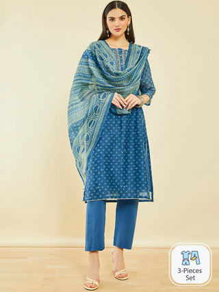 Soch Bandhani Printed Regular Gotta Patti Kurta with Trousers & Dupatta - Distacart
