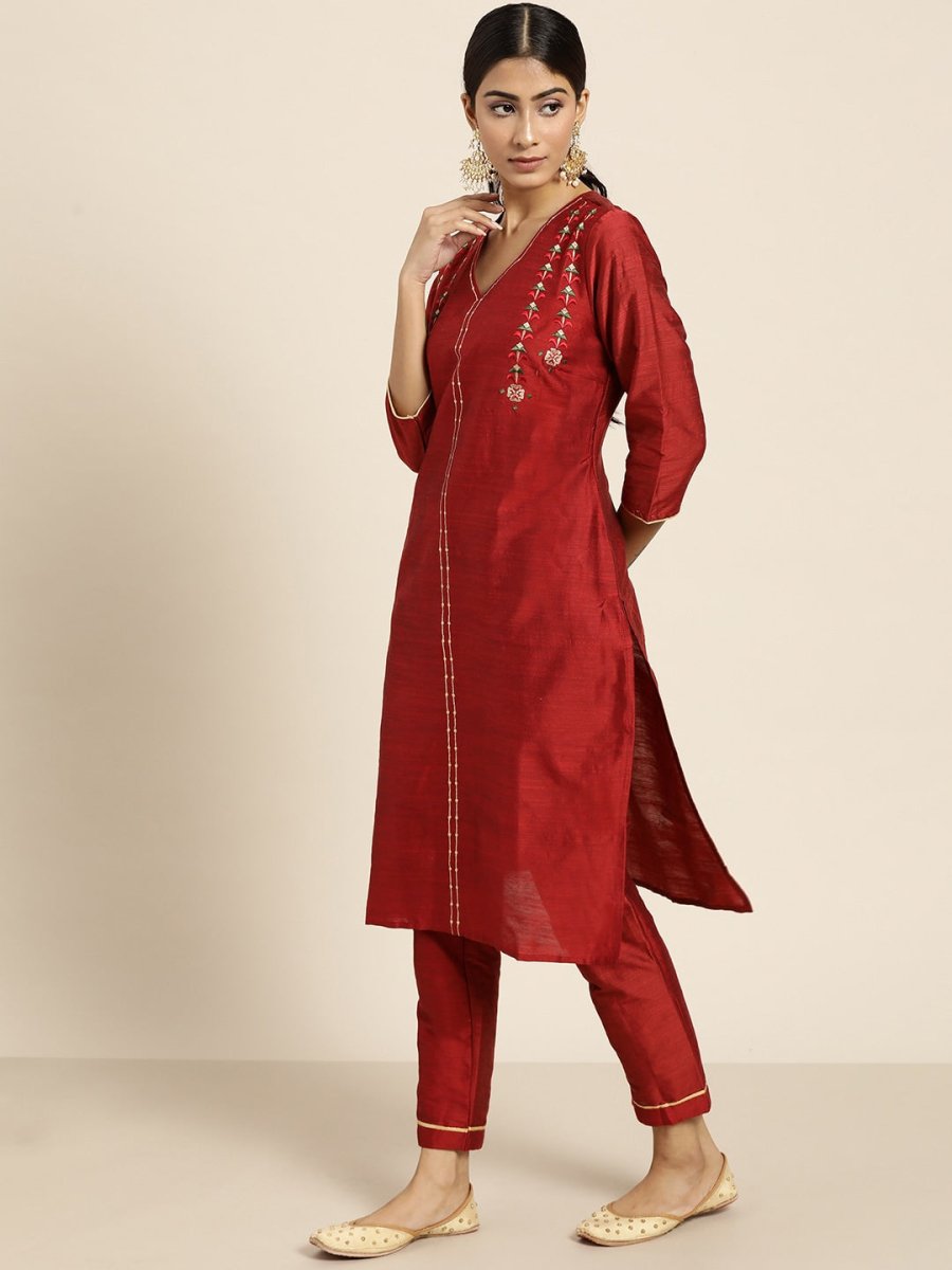 All About You Women Maroon & Golden Embroidered Regular Kurta with Trousers & Dupatta - Distacart