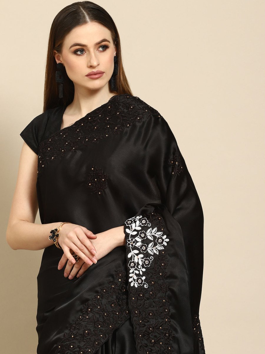 Anouk Black Ethnic Motifs Beads and Stones Satin Saree - Distacart