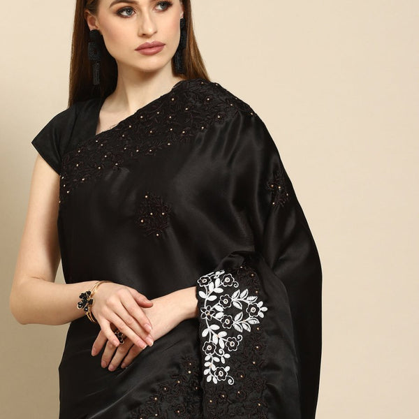 Anouk Black Ethnic Motifs Beads and Stones Satin Saree - Distacart