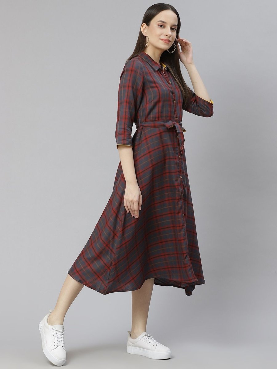 AURELIA Navy Blue & Maroon Checked Shirt Cotton Dress with Belt - Distacart