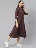 Thumbnail for AURELIA Navy Blue & Maroon Checked Shirt Cotton Dress with Belt - Distacart