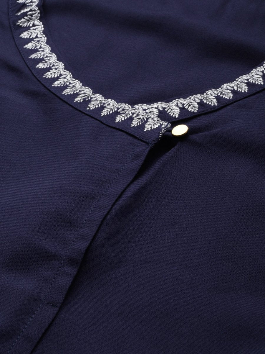 All About You Women Navy Blue Embroidered Kurta with Trousers - Distacart