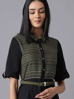 Thumbnail for AURELIA Black & black chocolate Checked Tie-Up Neck A-Line Midi Dress