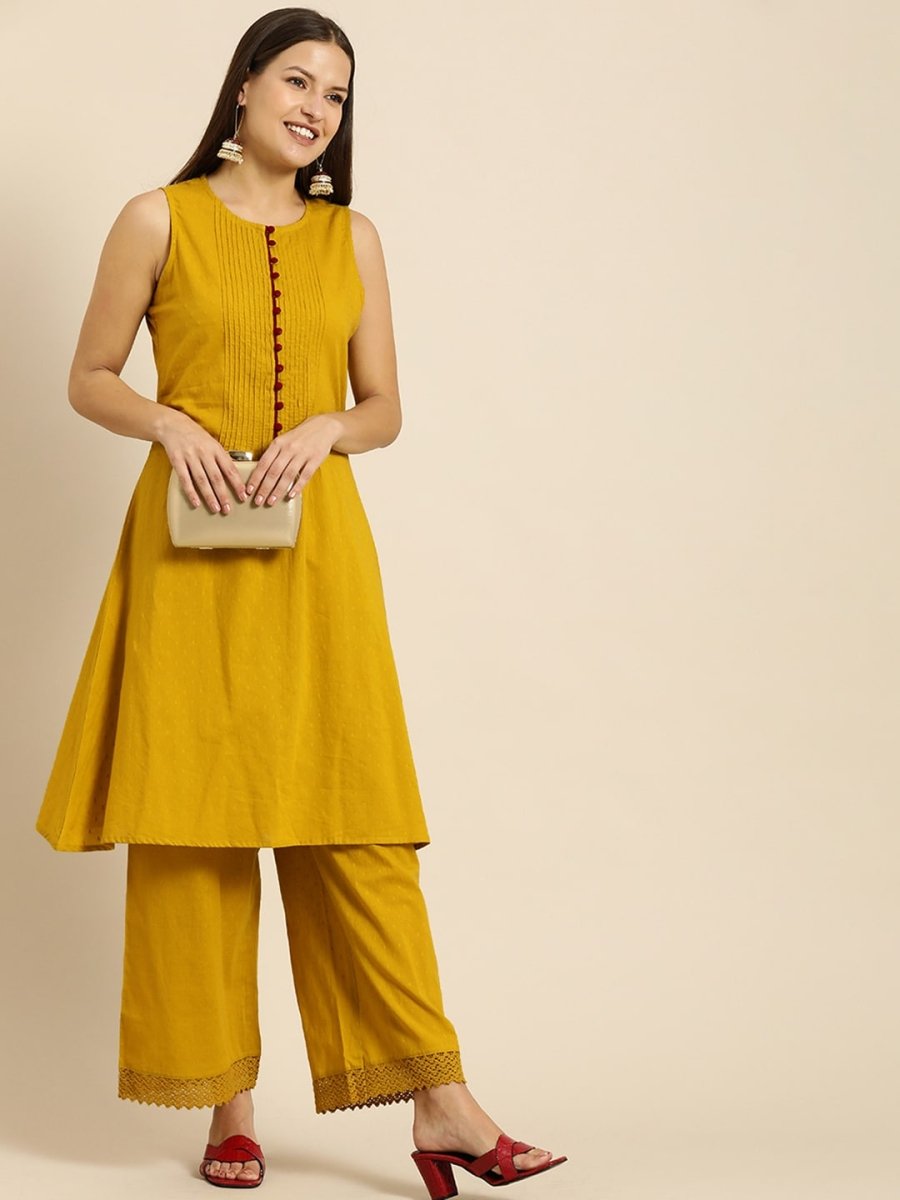 All About You Women Mustard Yellow Self Design Pure Cotton A-Line Kurta with Palazzos - Distacart
