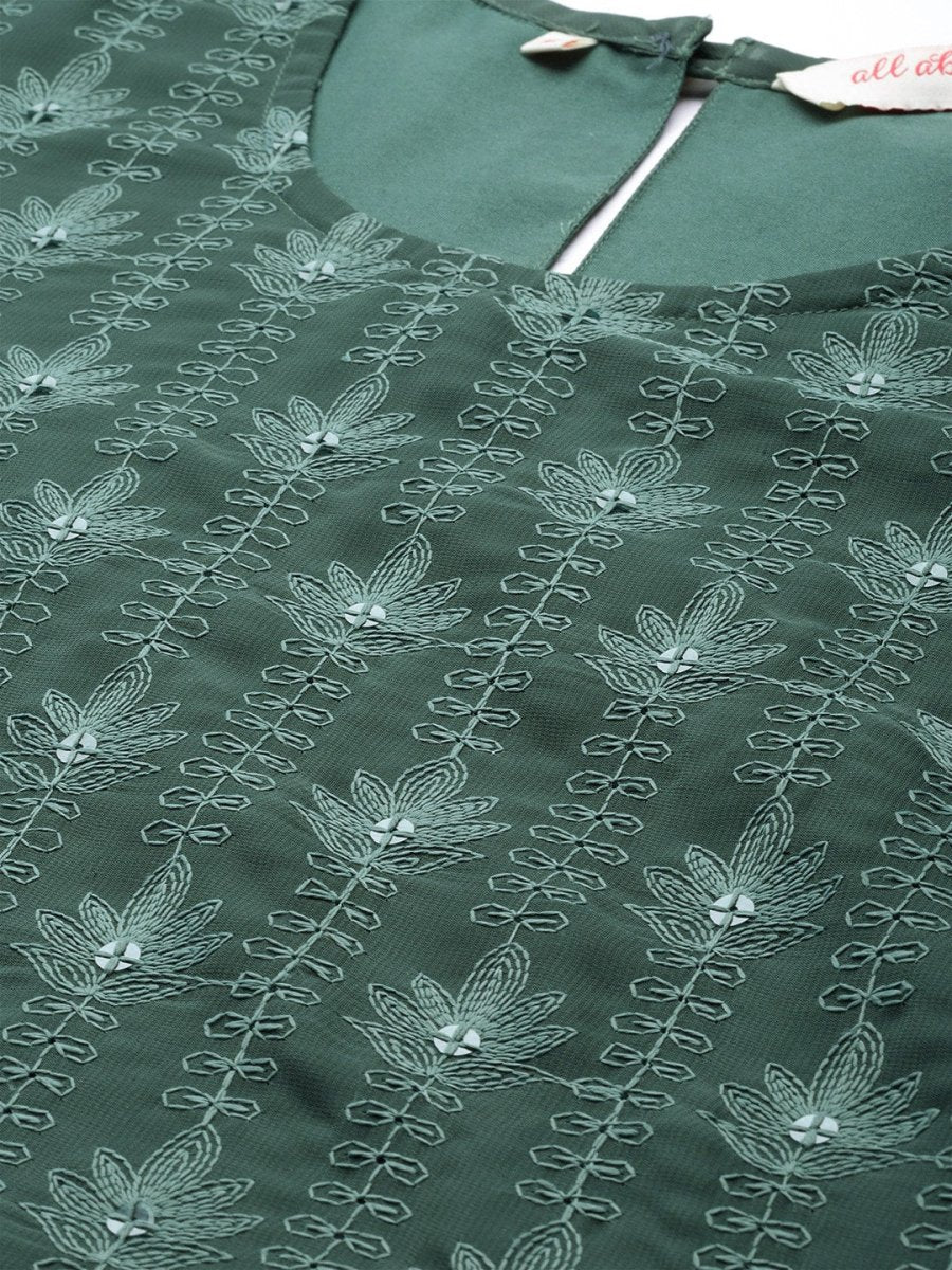 All About You Women Green Ethnic Motifs Embroidered Regular Chikankari Kurta with Palazzos - Distacart