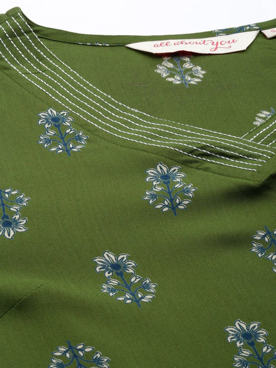 All About You Women Green Floral Printed Regular V-Neck Kurta with Trousers - Distacart