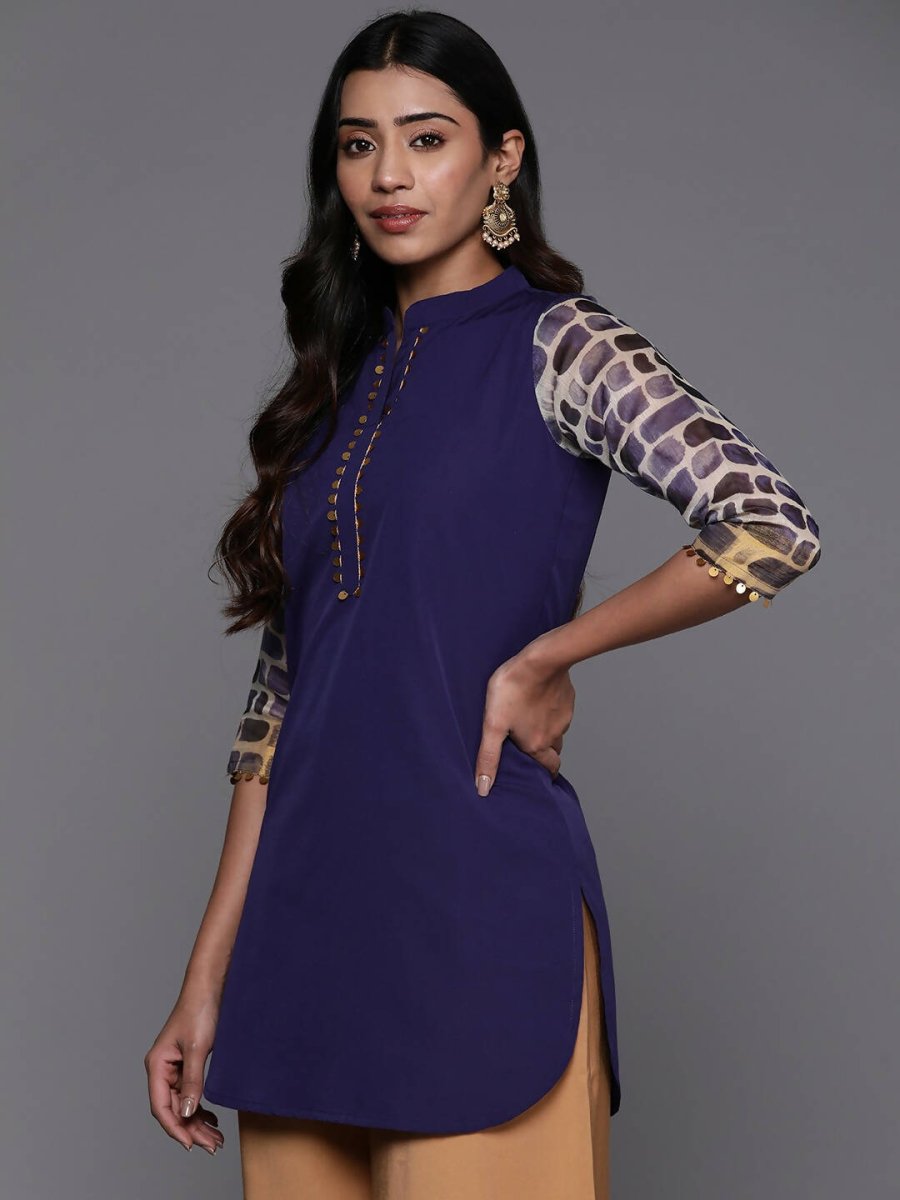 Ahalyaa Blue & Gold-Toned Mandarin Collar Printed Tunic - Blue Color - Distacart