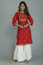Thumbnail for Alvano Printed Stylish A-line Kurti with Sharara set for Women and Girls Rayon (Orange) - Distacart