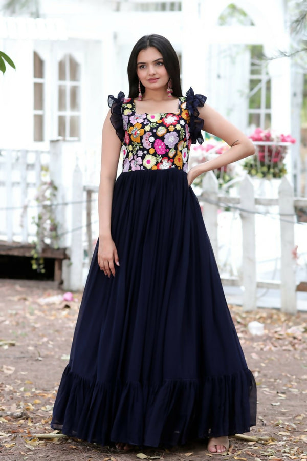 Jyoti Fashion Women's Navy Blue Sequins Thread Embroidery Faux Blooming Anarkali Dress - Distacart