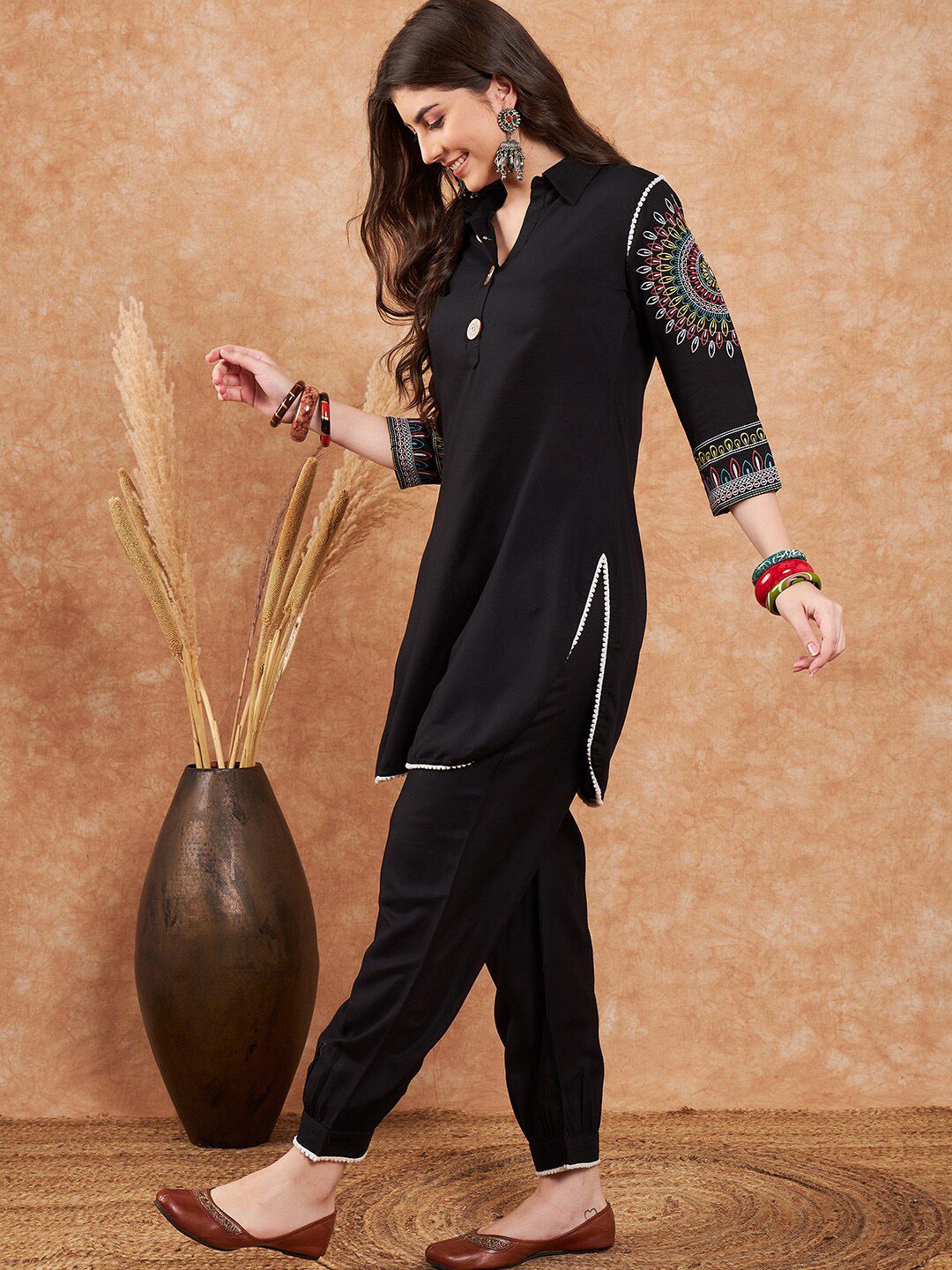 Sangria Black Ethnic Motifs Embroidered Pathani Kurta With Salwar - Distacart