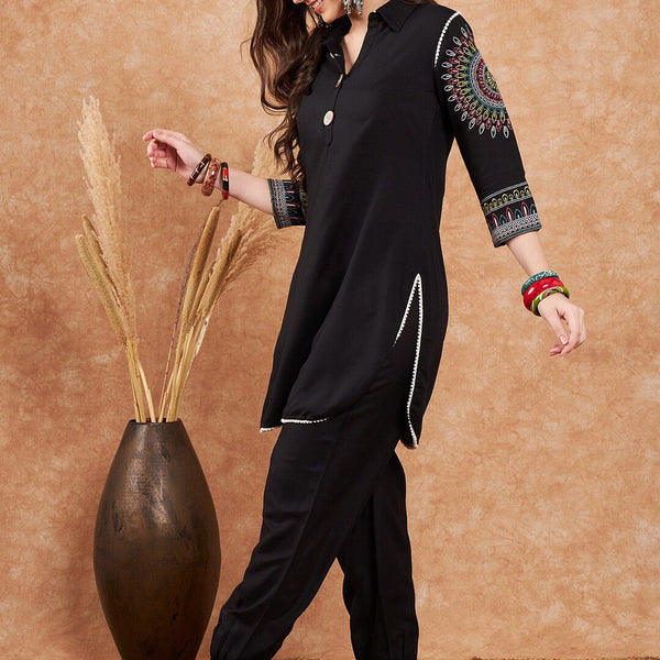 Sangria Black Ethnic Motifs Embroidered Pathani Kurta With Salwar - Distacart