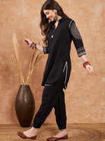Thumbnail for Sangria Black Ethnic Motifs Embroidered Pathani Kurta With Salwar