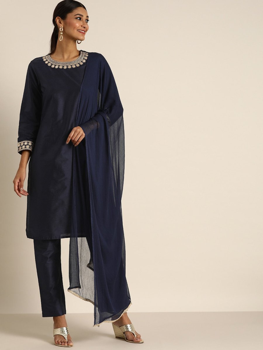 All About You Women Navy Blue & Golden Satin Finish Kurta with Trousers & With Dupatta - Distacart