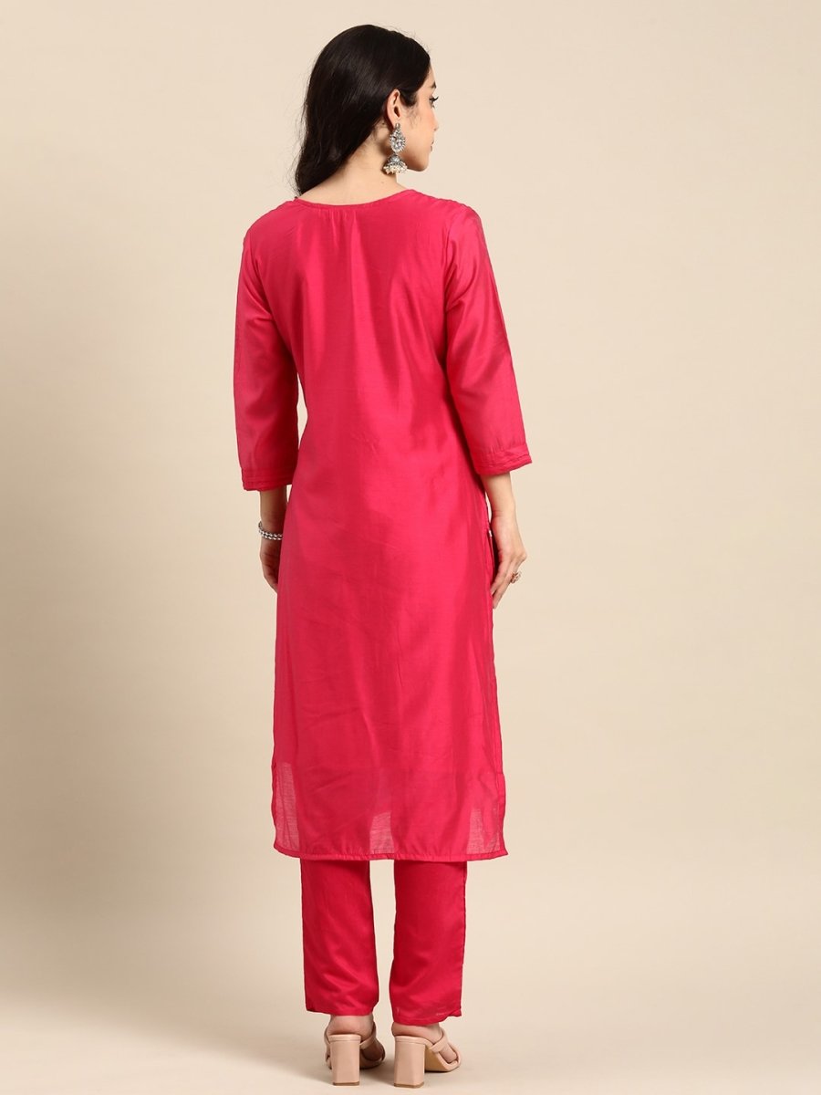 All About You Ethnic Motifs Embroidered Chanderi Silk Kurta with Trousers - Distacart