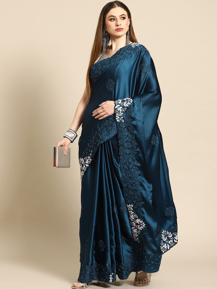 Anouk Blue Floral Embroidered Satin Saree - Distacart