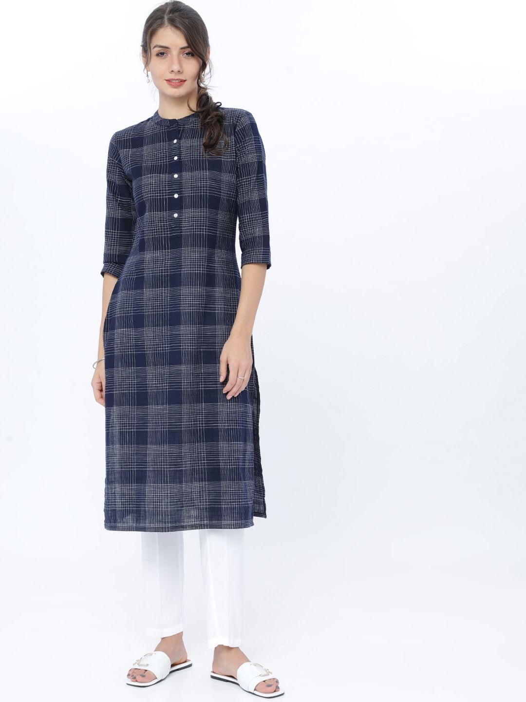 Vishudh Women Navy Blue Checked Kurta - Distacart