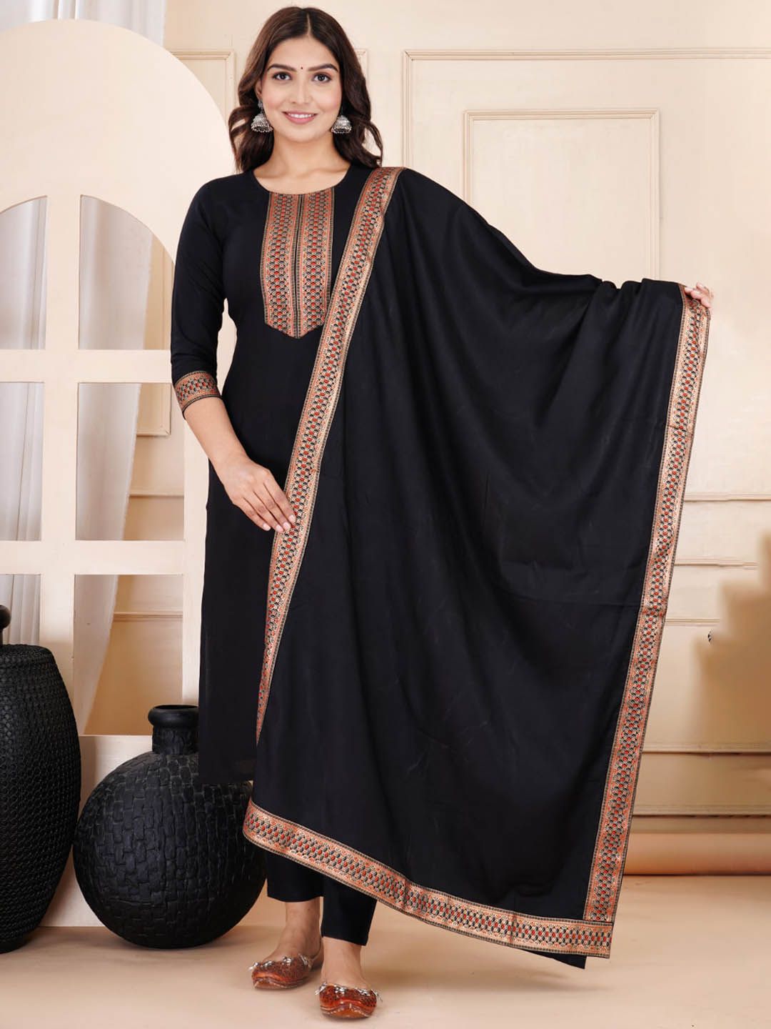 Kalini Ethnic Motifs Yoke Design Straight Kurta & Trousers With Dupatta - Distacart