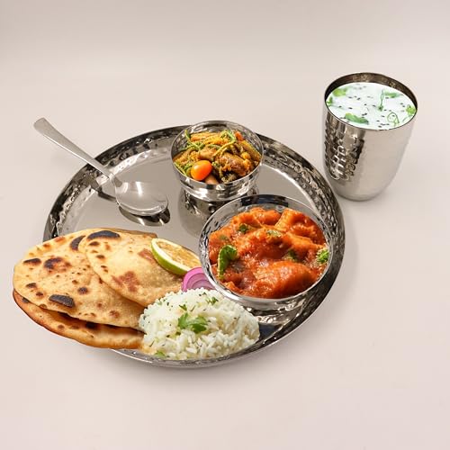Spillbox Stainless Steel Hammered Dinner Thali Set of 5 Pieces (Small)