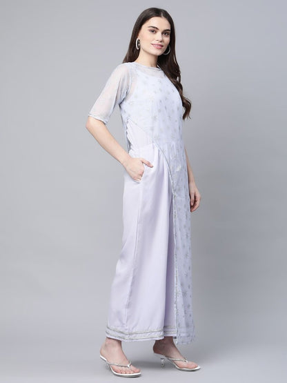 Ahalyaa Womens Blue Crepe & Net Silver Glitter Print Jumpsuit - Distacart