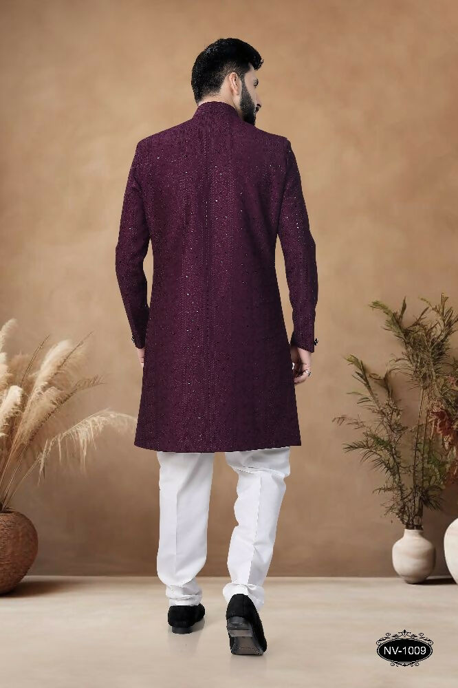Joban Fashion Men's Wine Straight Silk Thread & Sequence Embroidery All Over Indo-Western Kurta Set - Distacart