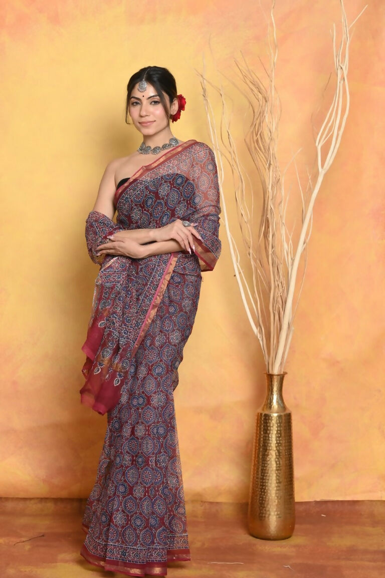 Very Much Indian Pure Kota Cotton Handblock Printed Saree - Grey - Distacart