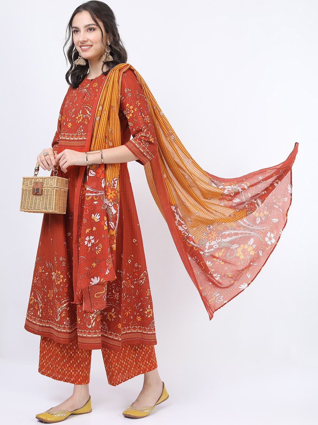 Vishudh Women Rust Ethnic Motifs Printed Angrakha Pure Cotton Kurta with Palazzos & With Dupatta