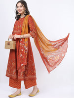 Thumbnail for Vishudh Women Rust Ethnic Motifs Printed Angrakha Pure Cotton Kurta with Palazzos & With Dupatta