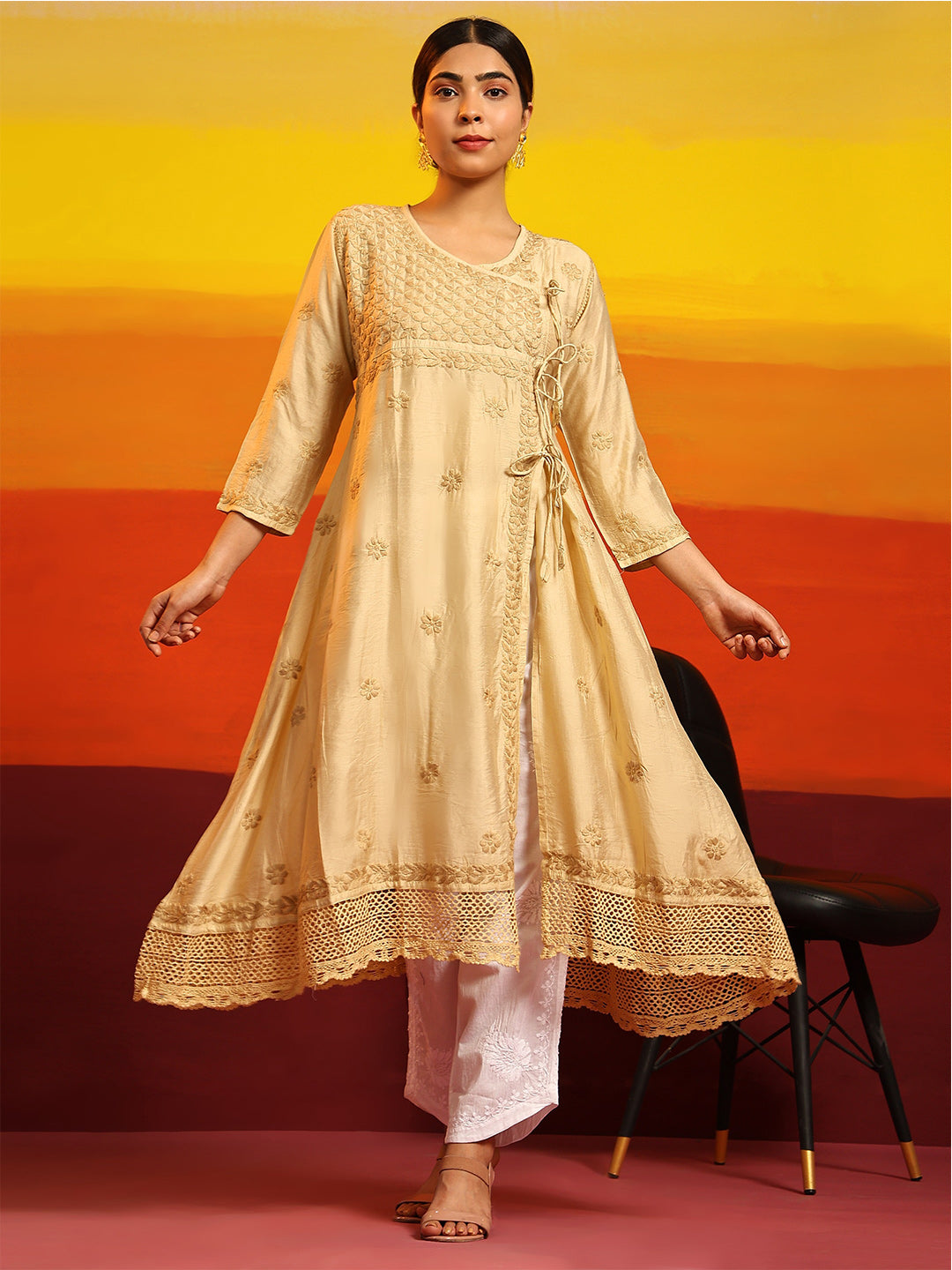 HOUSE OF KARI Embroidered Chikankari Chanderi Silk Anarkali Kurta - Distacart