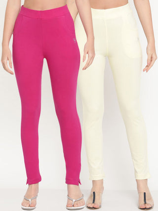 TAG 7 Women Pack of 2 Pink & Cream Colored Solid Kurti Pants - Distacart