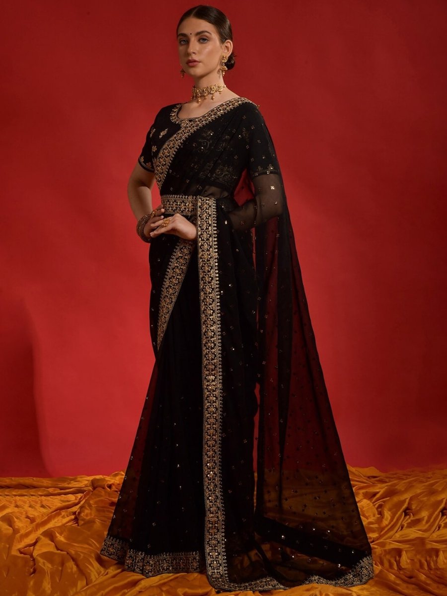 Anouk Black & Gold-Toned Floral Embroidered Pure Georgette Saree - Distacart