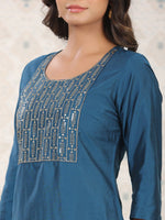 Thumbnail for Ode by House of Pataudi Blue Round Neck Embroidered Straight Kurta With Trouser - Distacart