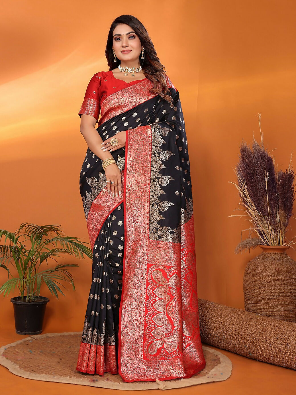 Joban Fashion Banarasi Black Woven Soft Silk Saree