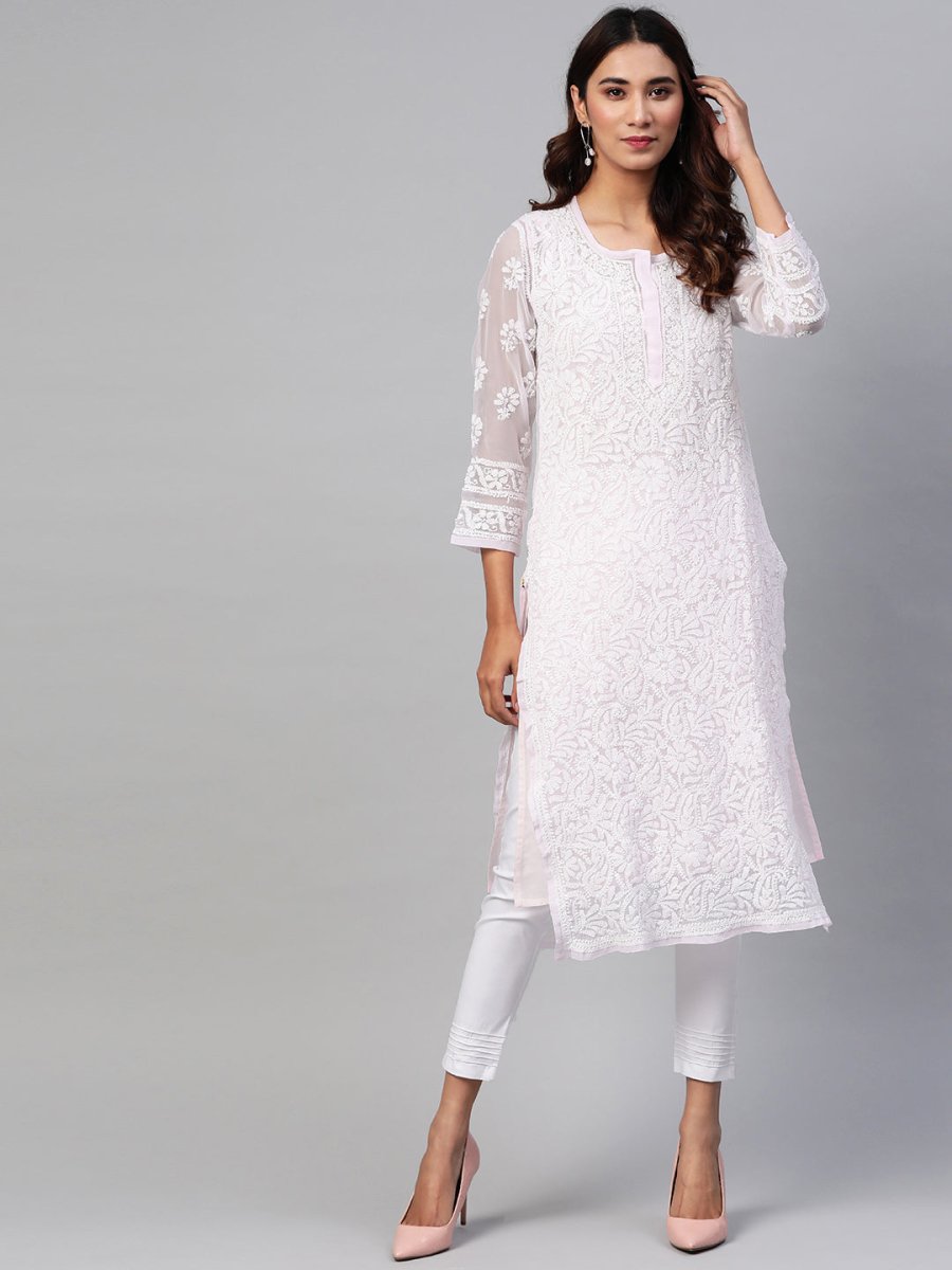 ADA Women Pink & White Chikankari Embroidered Handloom Kurta with Trousers - Distacart