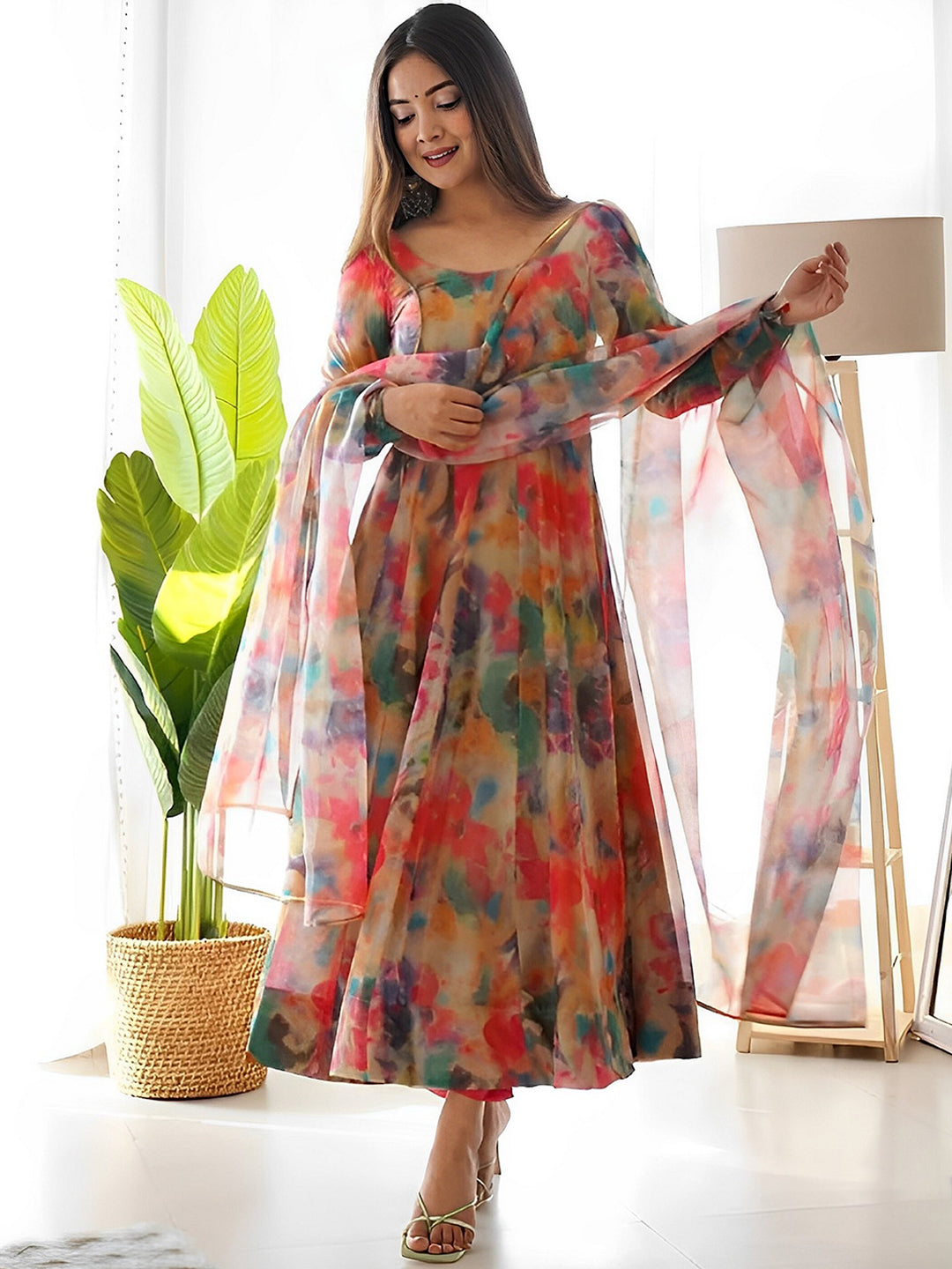 Kalini Abstract Printed Gotta Patti Anarkali Kurta With Trousers & Dupatta - Distacart