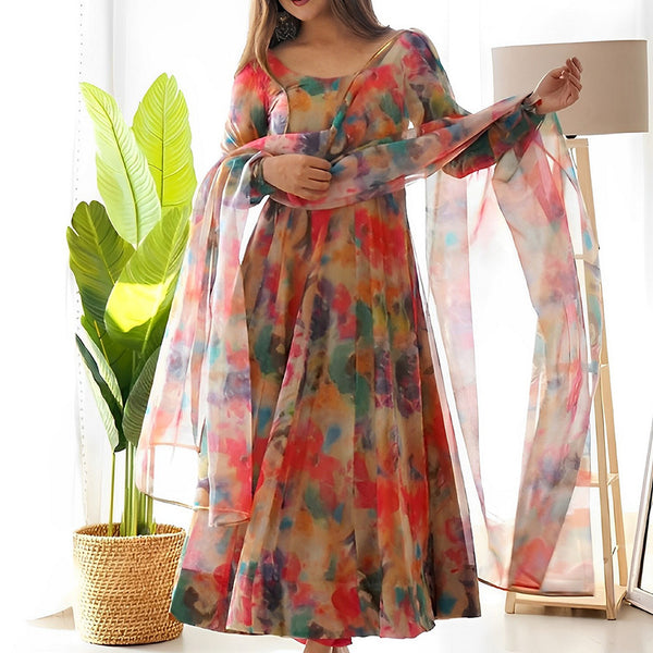 Kalini Abstract Printed Gotta Patti Anarkali Kurta With Trousers & Dupatta - Distacart