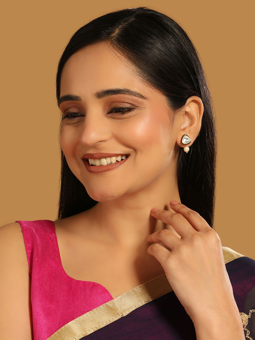 Nuyug 22K Gold Plated Kundan Stone Ethnic Mini Pearl Drop Studs